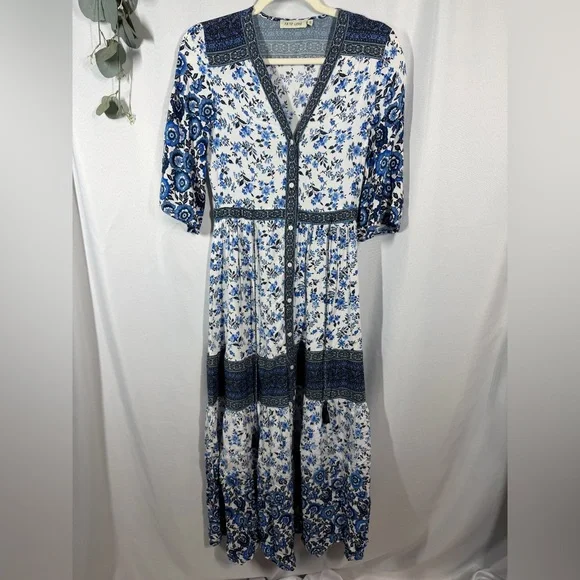 FP To Love | Maxi Dress Boho Blue Floral White Button Down Women’s Size Small - Picture 3 of 13
